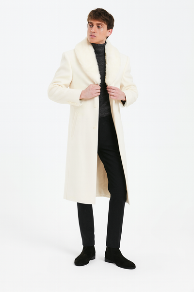 Men’s Ivory Full-Length Overcoat with Luxurious Faux Fur Shawl Collar – Winter Dress Coat 1   - from alligatorwarehouse.com