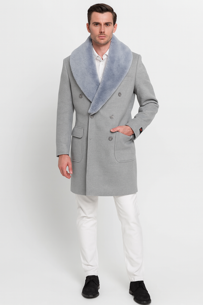 Men’s Light Grey Double Breasted Overcoat with Faux Fur Shawl Collar – Winter Luxury Coat Wool Fabric 1   - from alligatorwarehouse.com