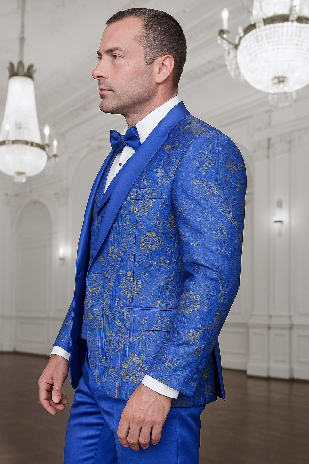 Men's royal blue paisley lace print tuxedo with double breasted vest – prom & wedding suit