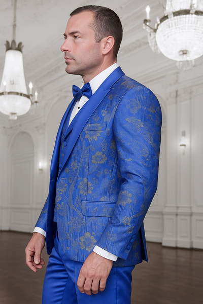 Men's royal blue paisley lace print tuxedo with double breasted vest – prom & wedding suit 4   - from alligatorwarehouse.com