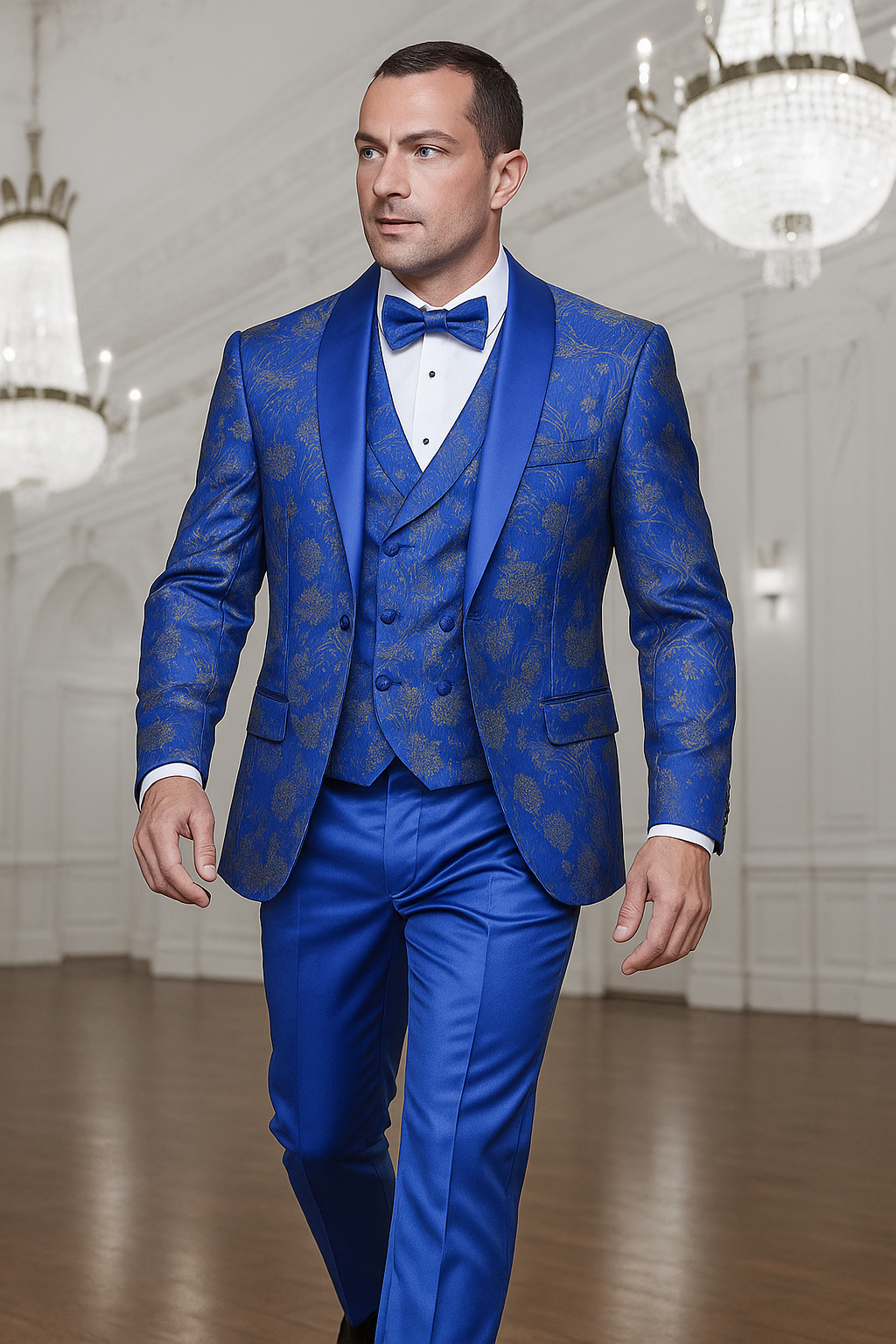 Men's royal blue paisley lace print tuxedo with double breasted vest – prom & wedding suit