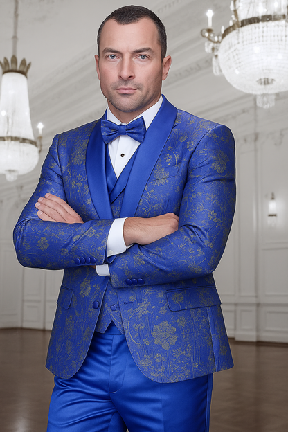 Men's royal blue paisley lace print tuxedo with double breasted vest – prom & wedding suit