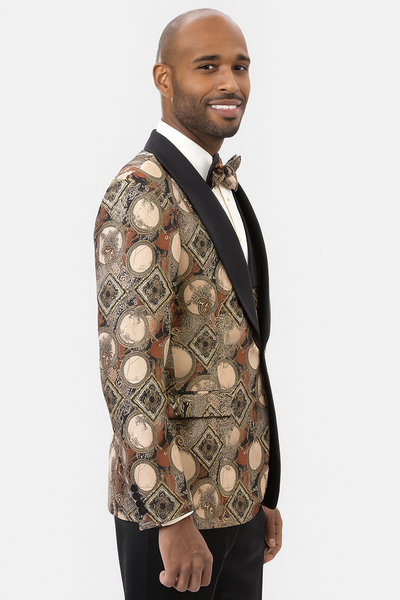 Men's Rust Geometric Pattern Tuxedo with Vest & Bowtie – One Button Formal Suit 4   - from alligatorwarehouse.com