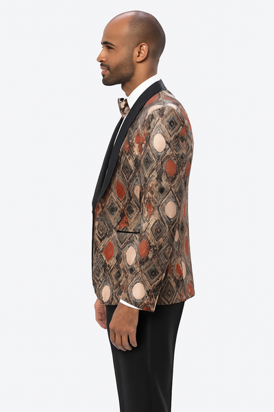 Men's Rust Geometric Pattern Tuxedo with Vest & Bowtie – One Button Formal Suit 3   - from alligatorwarehouse.com