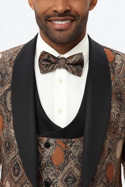 Men's Rust Geometric Pattern Tuxedo with Vest & Bowtie – One Button Formal Suit 1   - from alligatorwarehouse.com