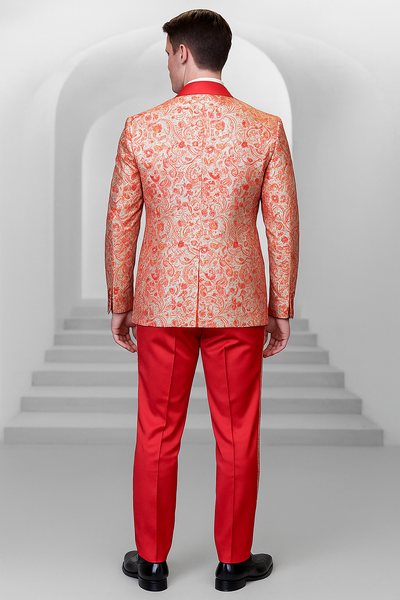 Coral Orange Men's Shiny Paisley Wedding Tuxedo with Double Breasted Vest & Satin Pants 4   - from alligatorwarehouse.com