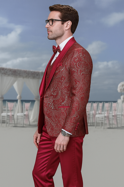 Men’s Red Paisley Brocade Prom Tuxedo with Vested Double Breasted Suit – Wedding Ready 4   - from alligatorwarehouse.com