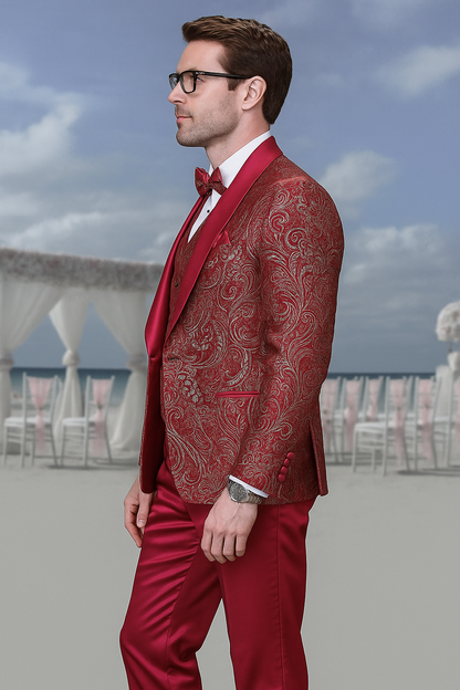 Men’s Red Paisley Brocade Prom Tuxedo with Vested Double Breasted Suit – Wedding Ready
