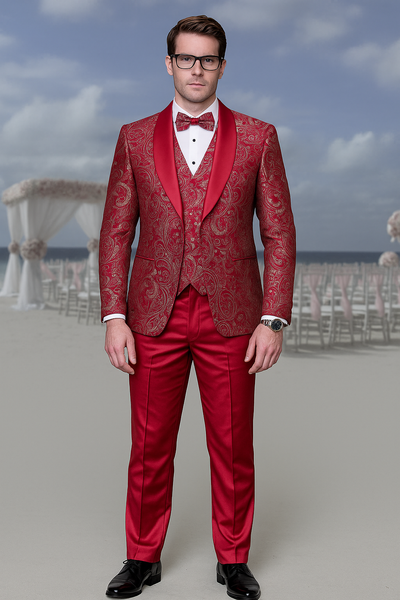 Men’s Red Paisley Brocade Prom Tuxedo with Vested Double Breasted Suit – Wedding Ready 1   - from alligatorwarehouse.com