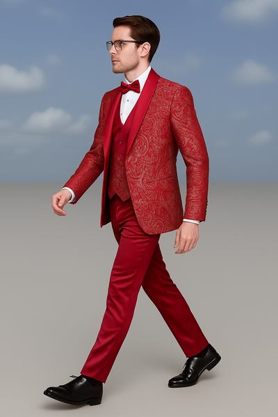 Men’s Red Paisley Brocade Prom Tuxedo with Vested Double Breasted Suit – Wedding Ready 2   - from alligatorwarehouse.com