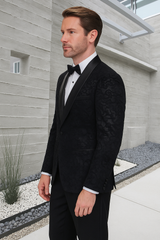 Men's Black Paisley Velvet Smoking Jacket Tuxedo with Vested Double Breasted Prom & Wedding Suit