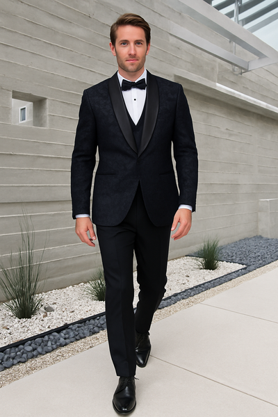 Men's Black Paisley Velvet Smoking Jacket Tuxedo with Vested Double Breasted Prom & Wedding Suit 3   - from alligatorwarehouse.com