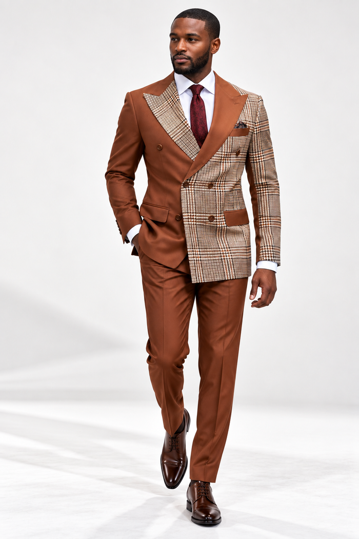 Mens Houndstooth Glen Plaid Double Breasted Two-Toned 100% Wool Side Vented Modern Fit Suit in Brown