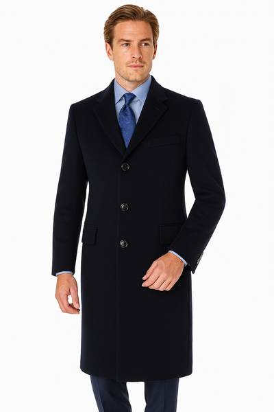 Pure Wool Full-Length Men’s Navy Overcoat – Classic Winter Dress Coat 1 CS9-Navy-S  - from alligatorwarehouse.com