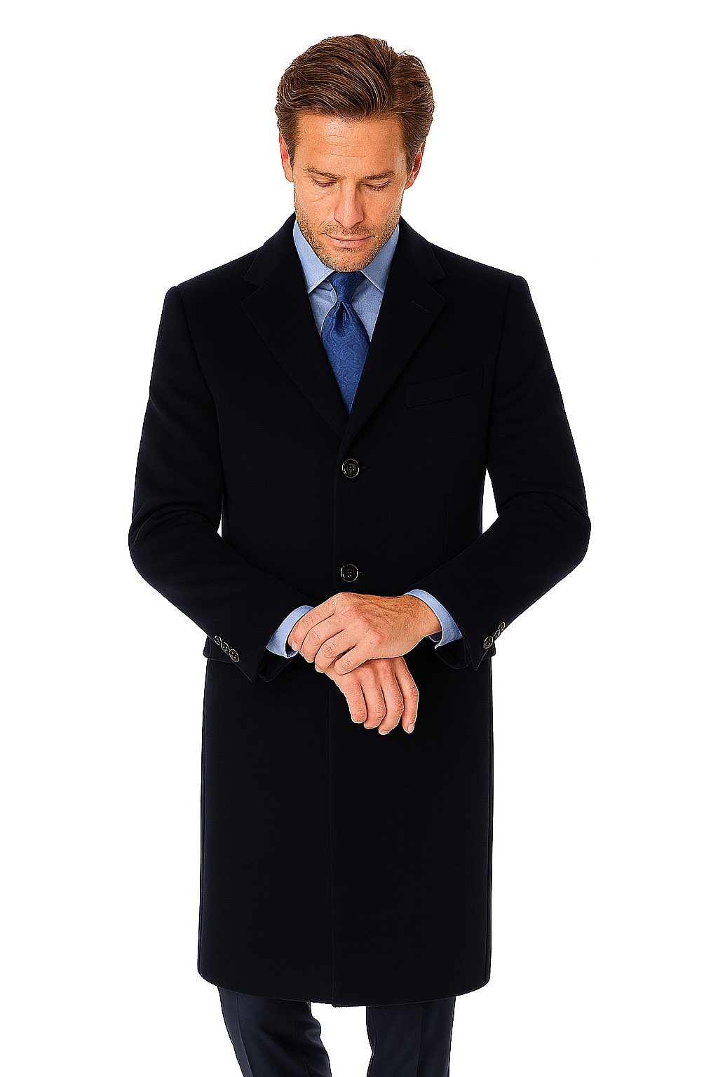 Pure Wool Full-Length Men’s Navy Overcoat – Classic Winter Dress Coat 3 CS9-Navy-S  - from alligatorwarehouse.com