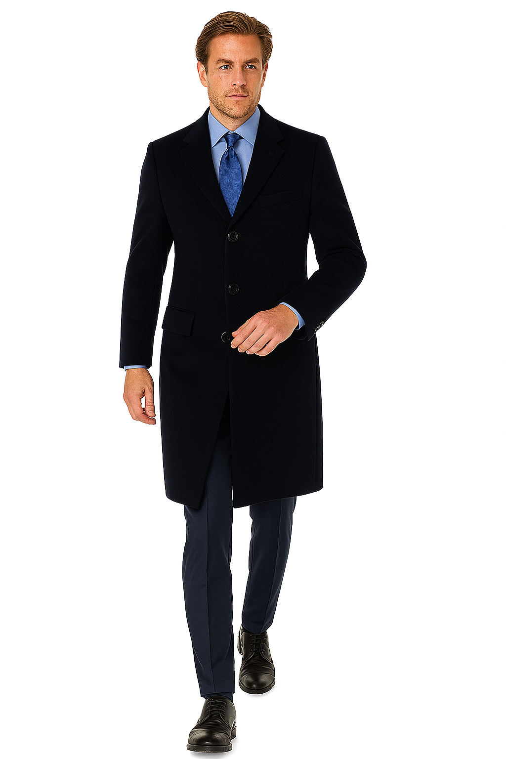 Pure Wool Full-Length Men’s Navy Overcoat – Classic Winter Dress Coat