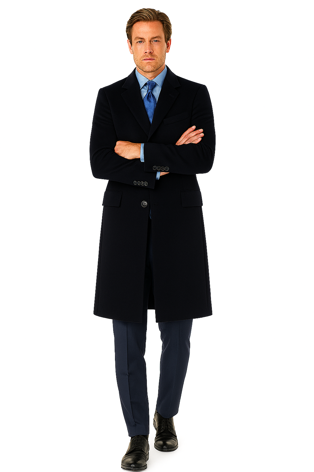 Pure Wool Full-Length Men’s Navy Overcoat – Classic Winter Dress Coat 6 CS9-Navy-S  - from alligatorwarehouse.com