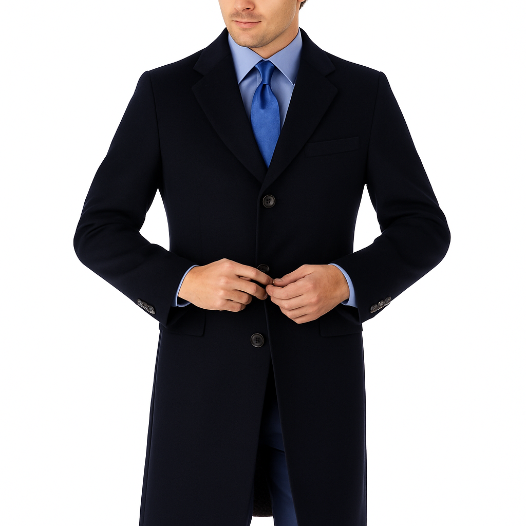 Pure Wool Full-Length Men’s Navy Overcoat – Classic Winter Dress Coat