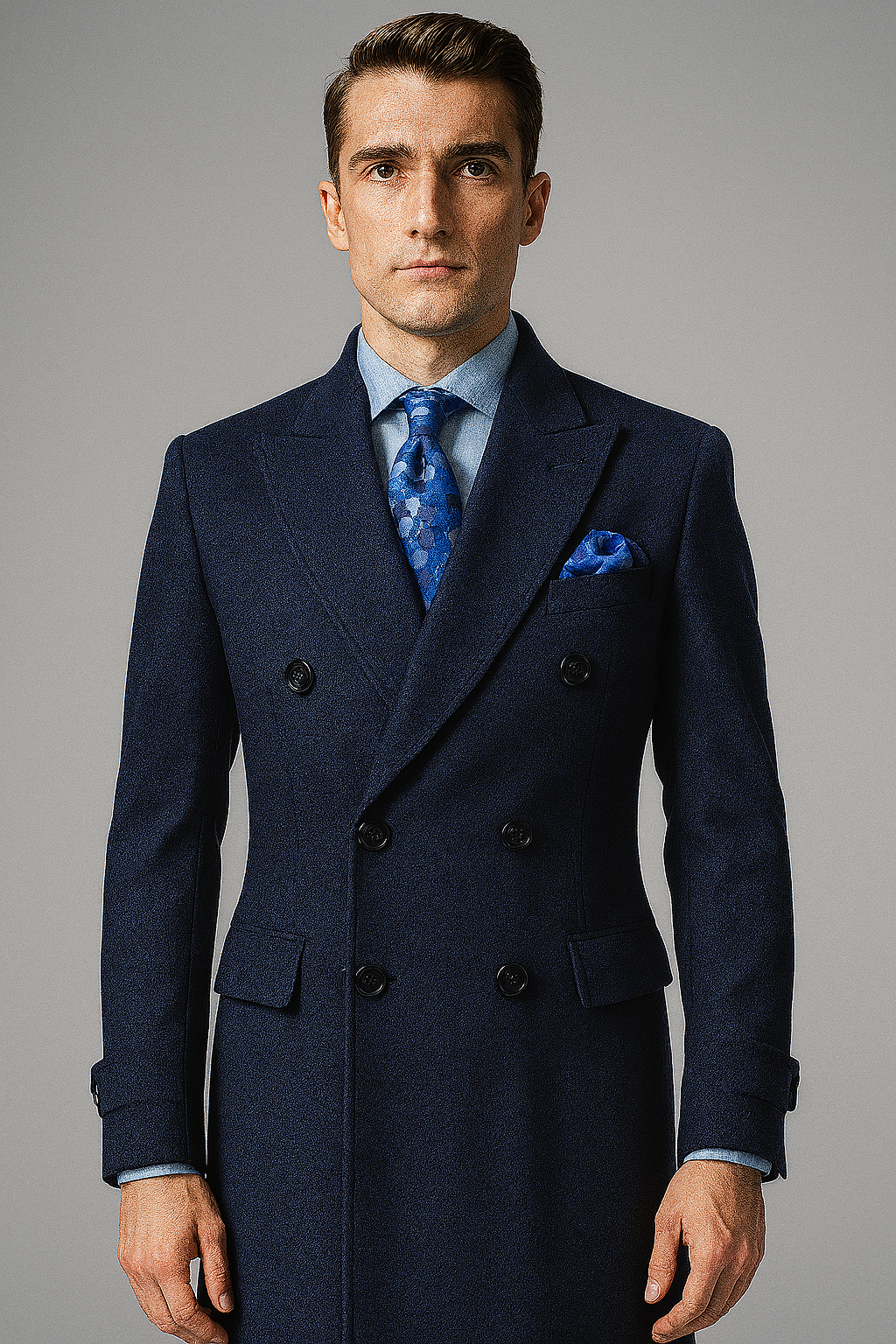 "Men's Navy Wool Peacoat – Double Breasted 3/4 Length Overcoat"