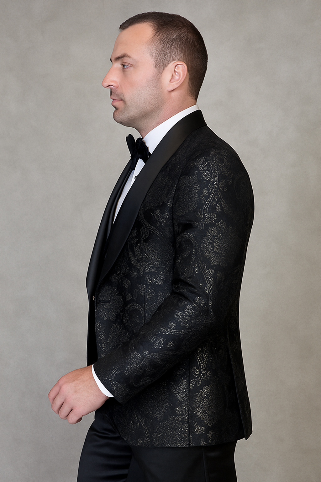 Men's black paisley lace print vested tuxedo for prom & wedding with satin lapel and bowtie