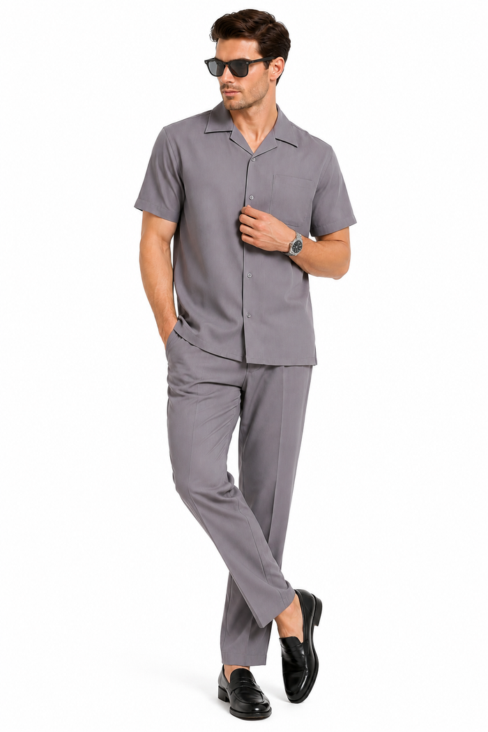 Men’s Solid Grey Short Sleeve Walking Suit with Matching Pants, Casual Summer Dress Outfit