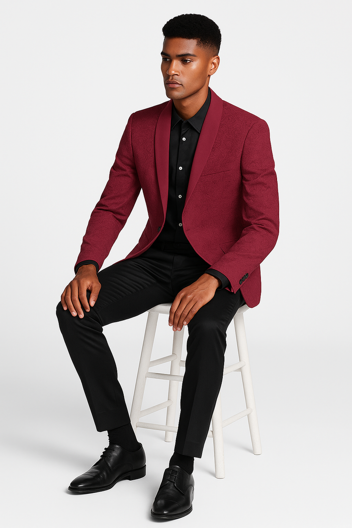 Burgundy paisley slim fit tuxedo jacket – men's wedding & prom blazer with satin shawl lapel