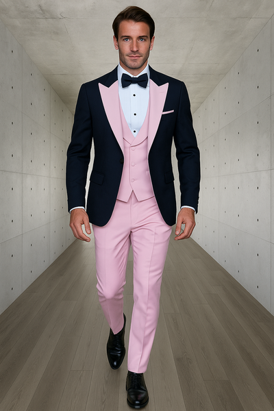Men’s Black and Pink Wool Tuxedo – Designer Vested Tuxedo with Contrast Satin Peak Lapel for Wedding & Prom 3   - from alligatorwarehouse.com