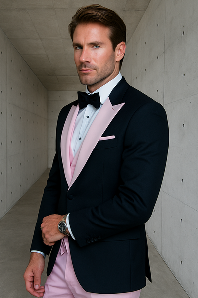 Men’s Black and Pink Wool Tuxedo – Designer Vested Tuxedo with Contrast Satin Peak Lapel for Wedding & Prom 2   - from alligatorwarehouse.com