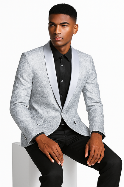 Men’s Silver Grey Tonal Paisley Tuxedo Jacket – Slim Fit Wedding & Prom Blazer