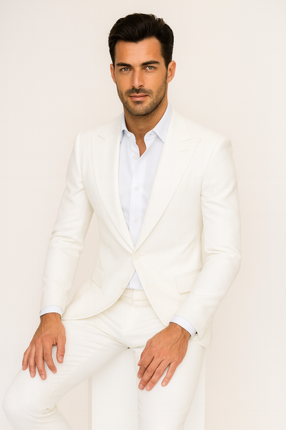 Seersucker Suit Peak Lapel Suit in Color "White" - Summer Fabric Tone on Tone Shadow Stripe By Rossiman