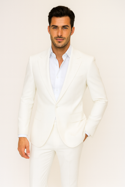 Seersucker Suit Peak Lapel Suit in Color "White" - Summer Fabric Tone on Tone Shadow Stripe By Rossiman
