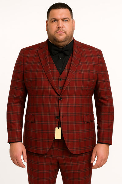 Mens Burgundy Plaid Three-Piece Suit – Ultra Slim Fit Checkered Windowpane Redish 544-10 4   - from alligatorwarehouse.com