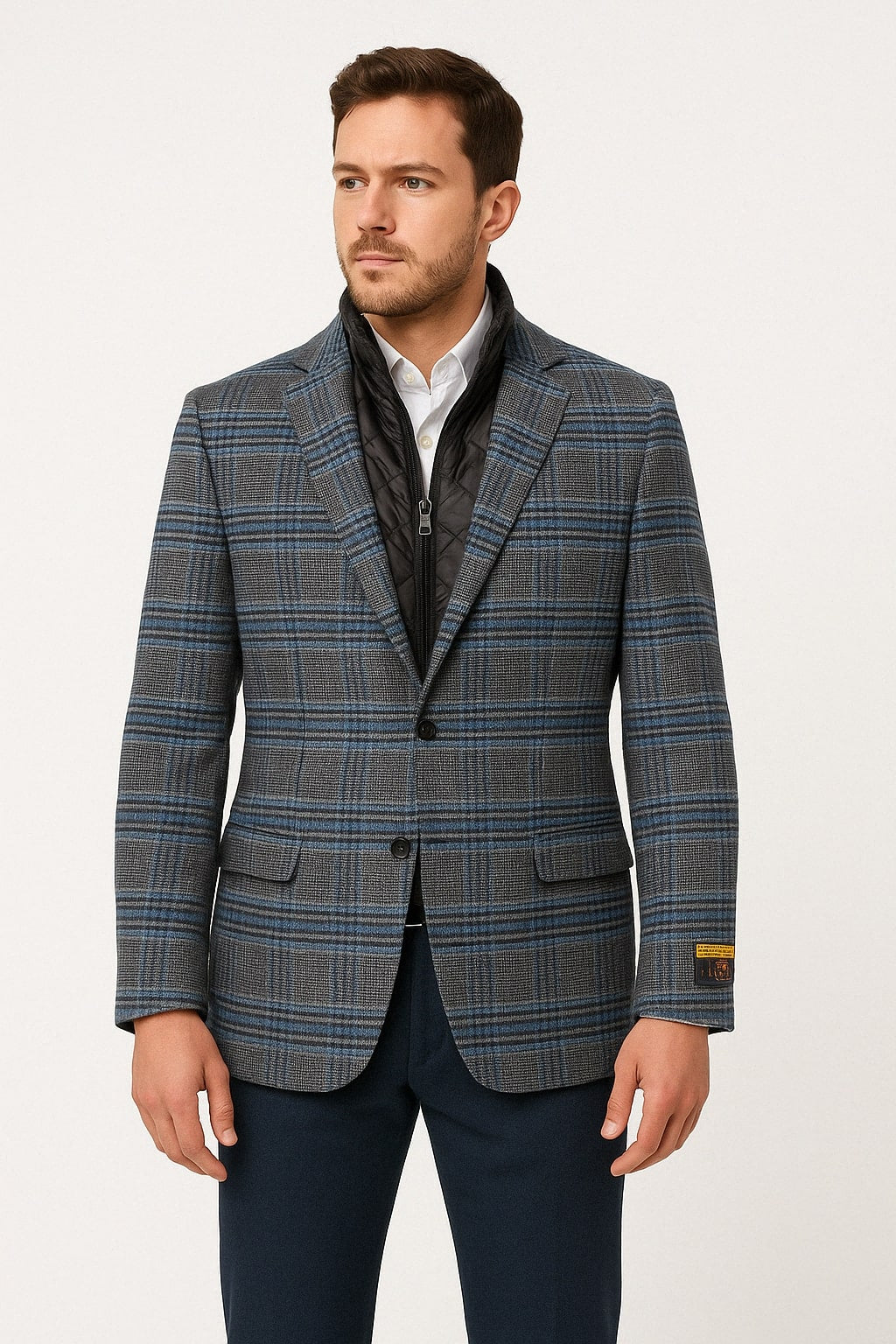 Men’s Blue & Grey Checkered Wool Blazer with Quilted Inner Layer – Alberto Nardoni Collection