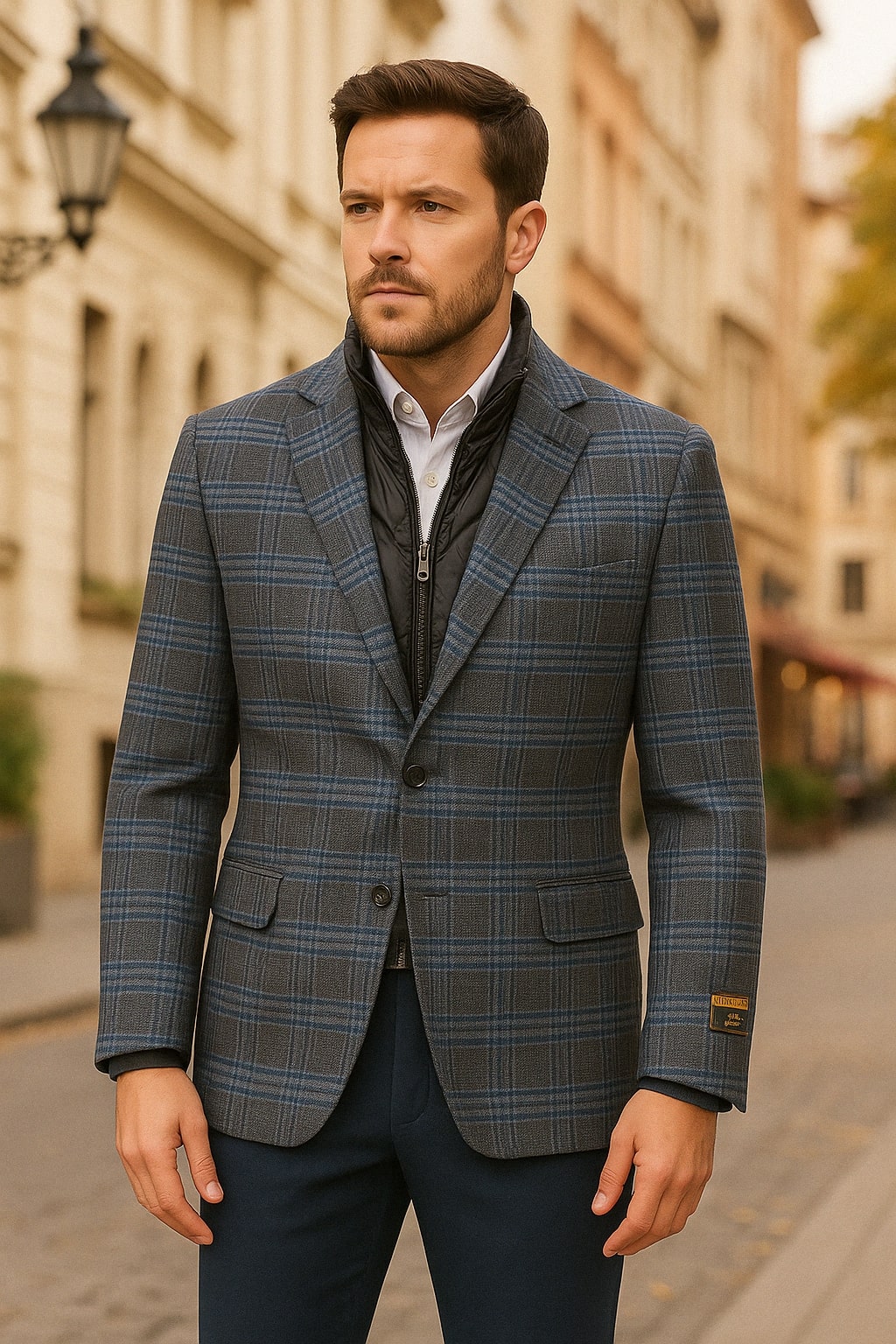Men’s Blue & Grey Checkered Wool Blazer with Quilted Inner Layer – Alberto Nardoni Collection