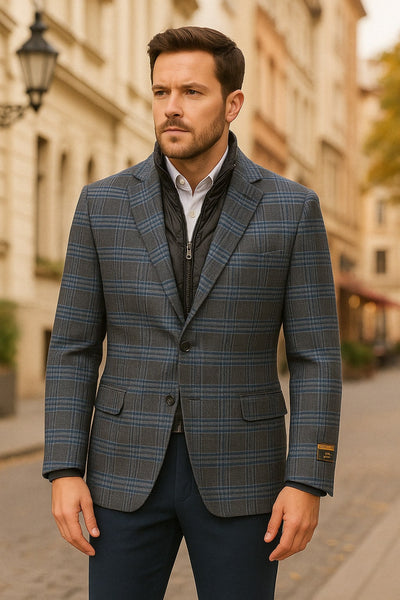 Men’s Blue & Grey Checkered Wool Blazer with Quilted Inner Layer – Alberto Nardoni Collection 1   - from alligatorwarehouse.com