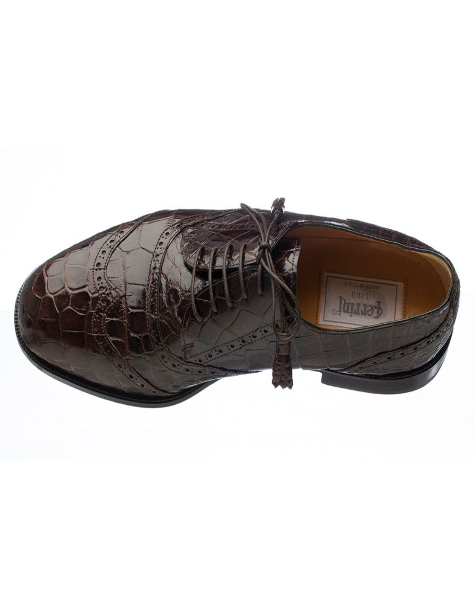 Ferrini Shoes - Mens Alligator Dress Shoe - Ferrini 3673 Belly Alligator Wingtip Shoes Chocolate