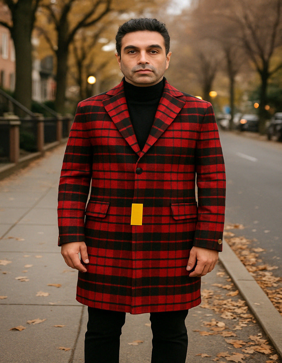 Mens Red and Black Plaid Wool Overcoat – Three Quarter Carcoat - Christmas Coat - Red Peacoat