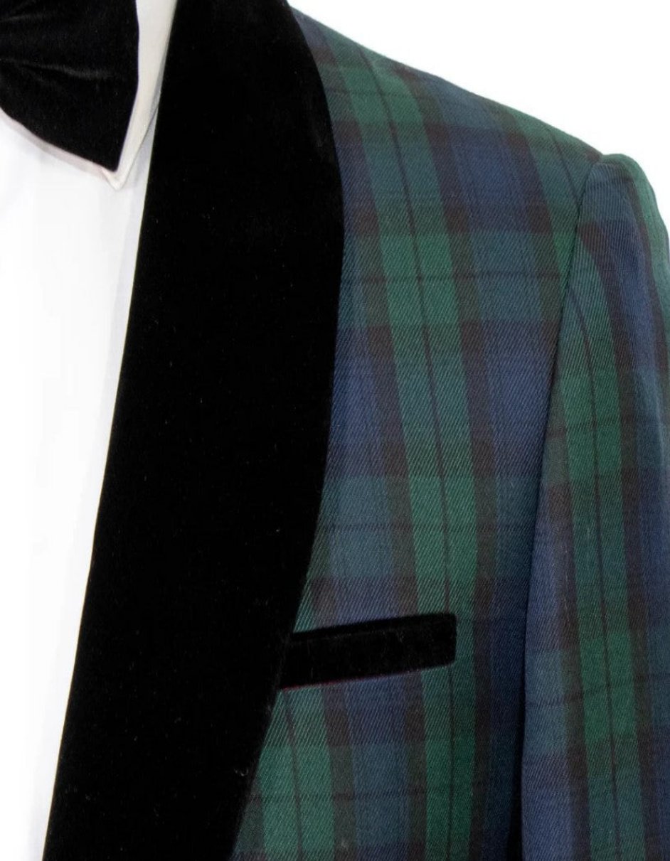 Green Tartan Tuxedo Dinner Jacket - Green and Blue Plaid Blazer - Checkered Sportcoat