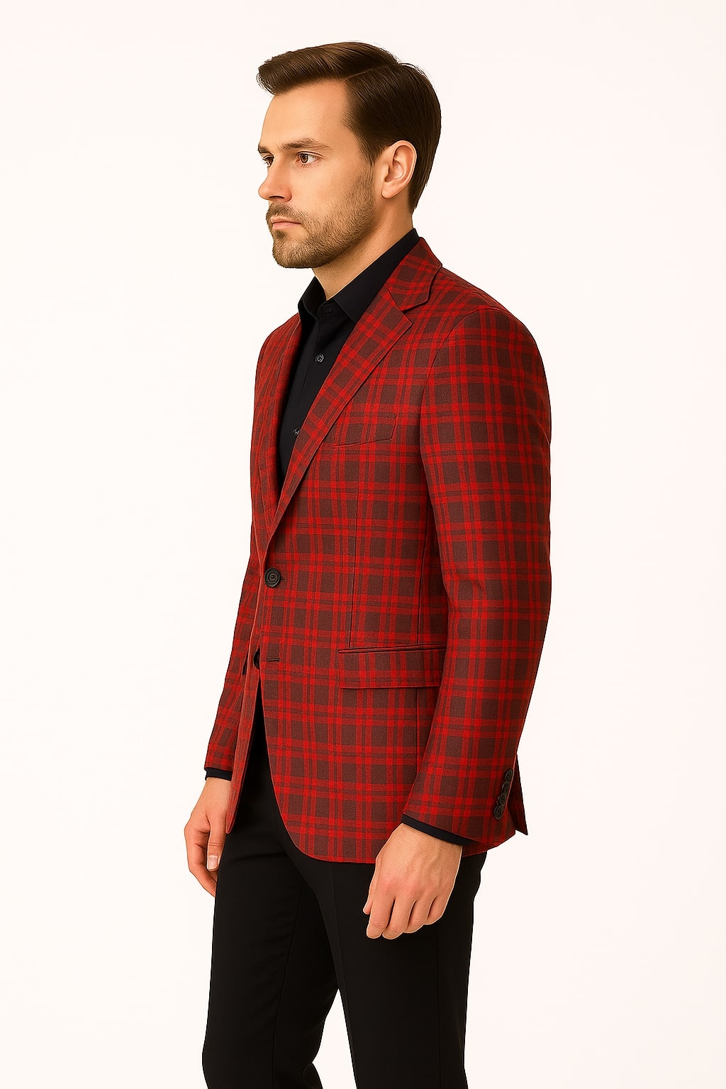 Mens Red Plaid Modern Fit Windowpane Check Blazer - Christmas Holiday Sport Coat Tartan Look 2   - from alligatorwarehouse.com