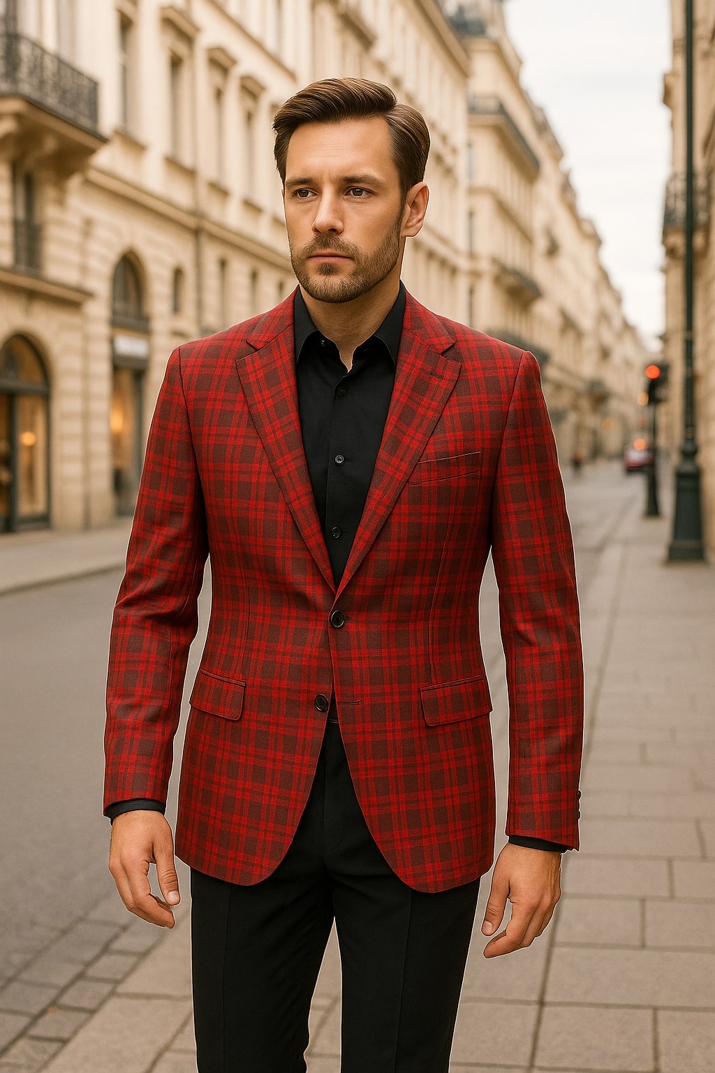 Mens Red Plaid Modern Fit Windowpane Check Blazer - Christmas Holiday Sport Coat Tartan Look 5   - from alligatorwarehouse.com