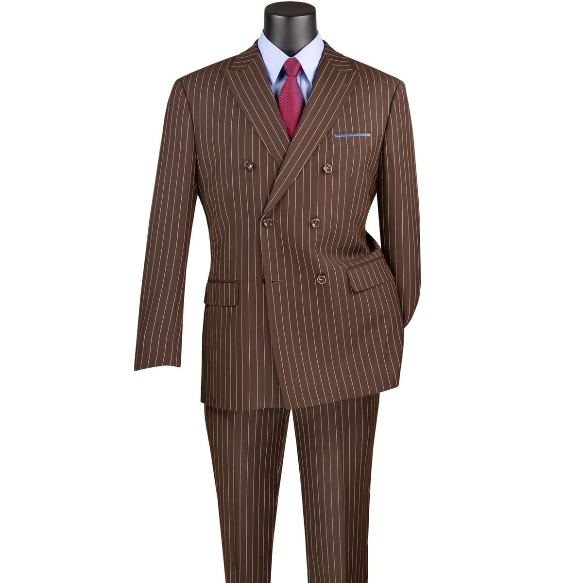 Mens Brown Pinstripe Double-Breasted Suit – Classic 6-Button Business and Vintage Style