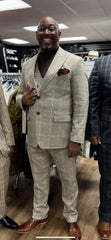 Mens Beige Plaid 3-Piece Suit – Classic Checkered Suit for Weddings, Church Vested Checkered Pattern