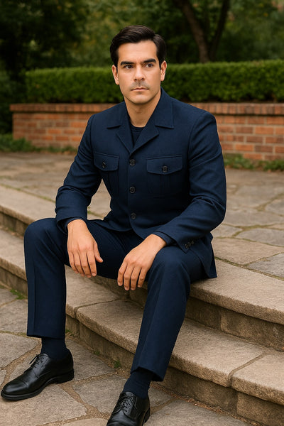 Mens Classic Navy Safari Suit with Utility Jacket and Coordinated Trousers 3   - from alligatorwarehouse.com