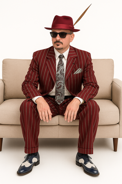 Burgundy Pinstripe Zoot Suit – 3 Piece 1920s/1930s Gangster Outfit (Jacket and Pants and Vest)  Vintage Fashion