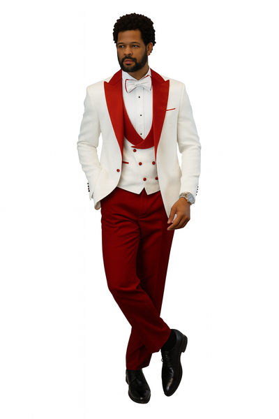 Hilton White and Red Paisley Peak Lapel Tuxedo Jacket with Matching Shawl Vest and Wool Pants – Includes Bow Tie 4   - from alligatorwarehouse.com