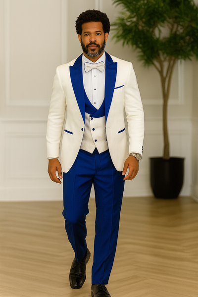Hilton White and Royal Blue Paisley Peak Lapel Tuxedo Jacket with Matching Shawl Vest and Wool Pants – Includes Bow Tie 4   - from alligatorwarehouse.com