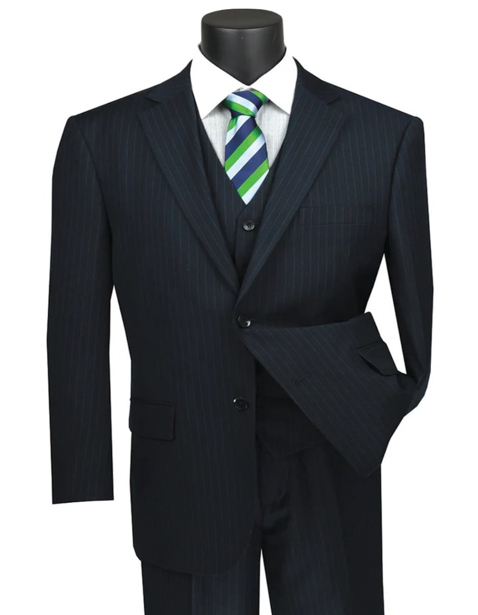 Pleated?ÿDress?ÿMen?ÿSuits - Mens Classic Fit Vested Banker Pinstripe Navy Blue Suit