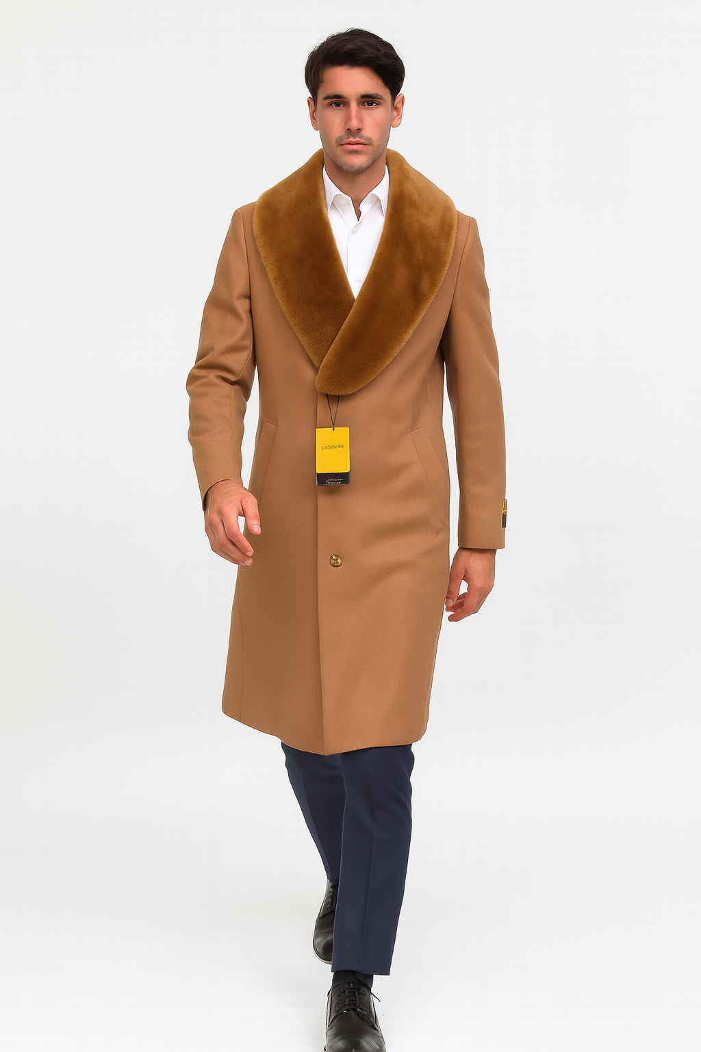 Mens Full Length And Cashmere Overcoat - Winter Topcoats - Light Brown Coat - Dark Camel - Vecuna Color