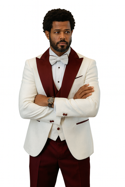 Hilton White and Burgundy Paisley Peak Lapel Tuxedo Jacket with Matching Shawl Vest and Wool Pants – Includes Bow Tie 3   - from alligatorwarehouse.com