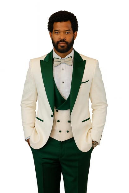 Hilton White and Hunter Green Paisley Peak Lapel Tuxedo Jacket with Matching Shawl Vest and Wool Pants – Includes Bow Tie
